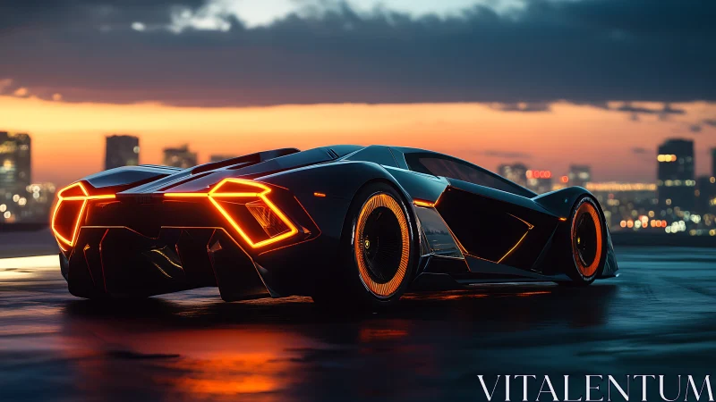 Futuristic hypercar glows with neon edge lighting at dusk