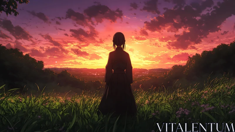 Silhouette of girl watching vivid sunset over valley.