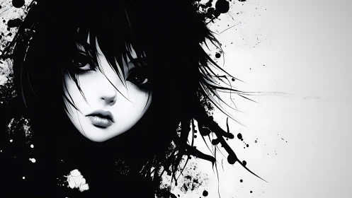 Ink-splashed monochrome girl dissolving into painted shadows.