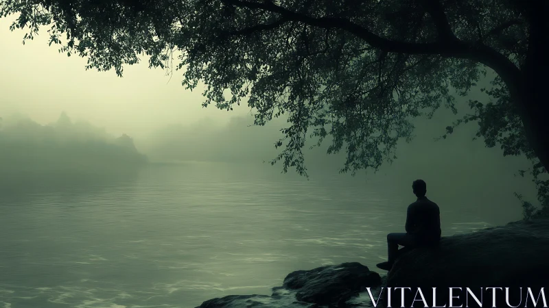 Silhouette figure sits on rocky riverbank under dense tree canopy