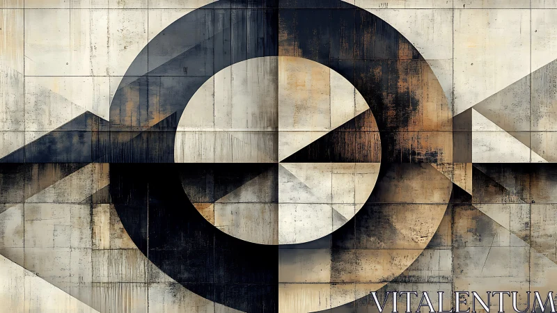 Geometric circles and triangles form distressed concrete mural grid