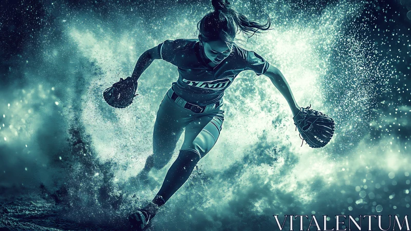 Storm-sprinting softball heroine carved from teal starlight.