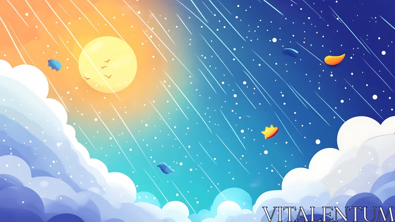 Stylized sky scene shows sun, clouds, streaking lines and shapes
