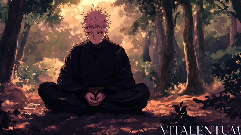 Solitary robed figure seated cross-legged in forest light.