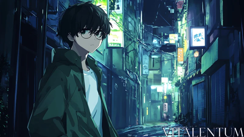 Midnight wanderer in neon-soaked alleyway hush.