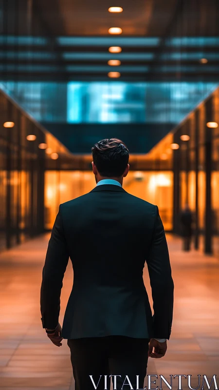 Businessman standing in illuminated modern corridor viewing ahead.