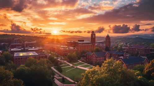 Sunlit collegiate campus skyline under dramatic sunset sky.