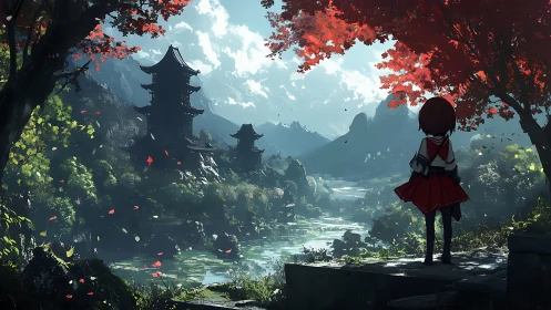 Solitary schoolgirl surveys misty pagoda valley in anime style