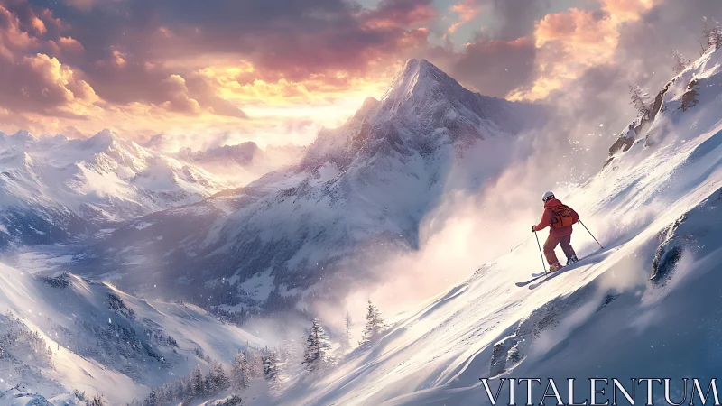 Skier descends steep snowy slope below dramatic alpine peak