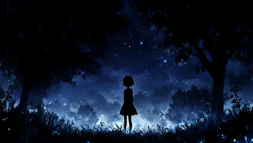 Quiet child beneath a star-swept midnight forest sky.