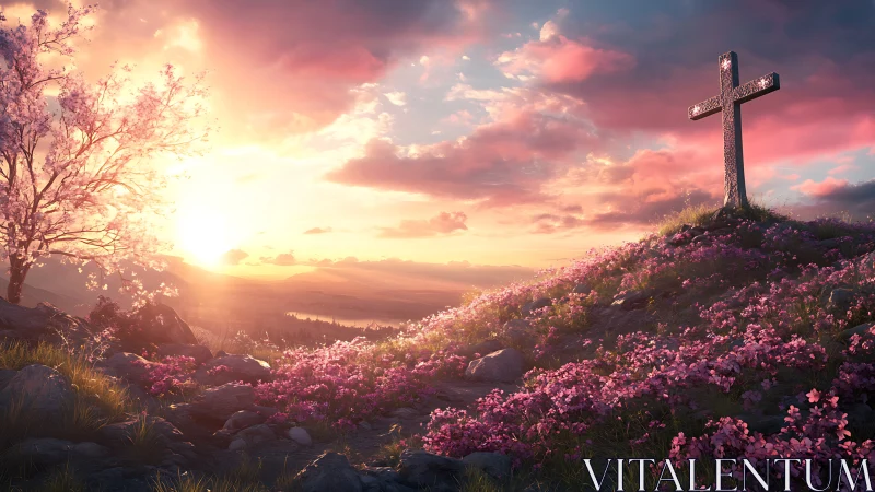 Sunlit cross overlooks blooming hillside at tranquil sunrise.