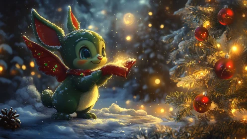 Digital painting of festive creature beside illuminated fir tree.