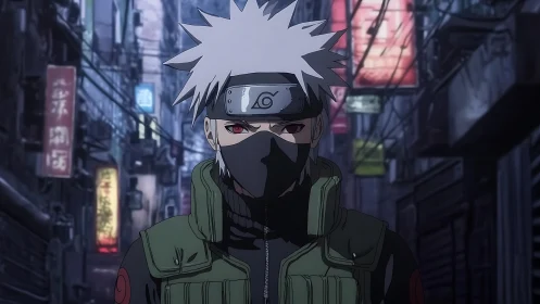Masked silver haired ninja in neon lit urban alley at night
