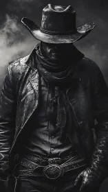 Dark monochrome cowboy in worn leather and hat.