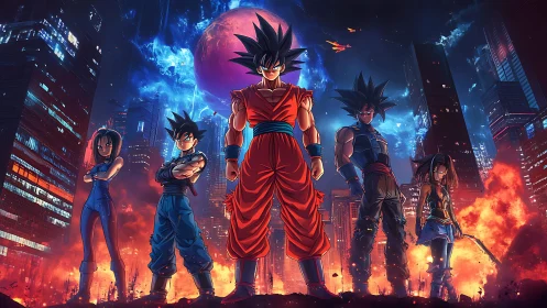 Celestial warriors ignite a neon city beneath a burning moon.