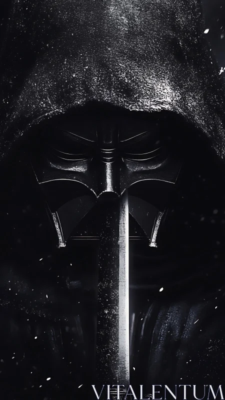 Monochrome hooded warrior portrait with central sword axis.