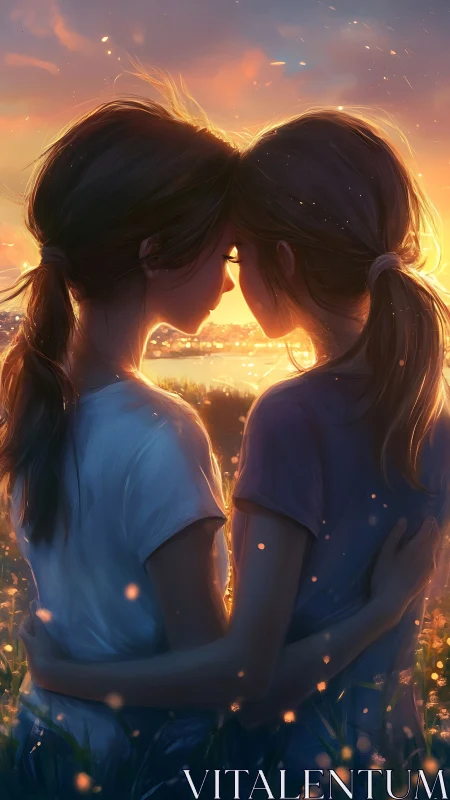 Two figures silhouetted against golden sunset glow with luminescent particles.