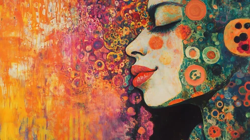Joyful woman in swirling abstract colors and peaceful calm.