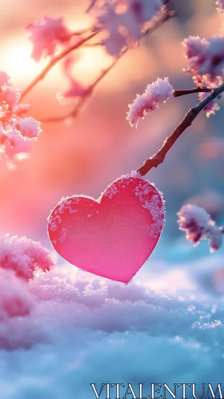 Frost-Covered Pink Heart on Snow Branch