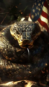 Coiled copper menace beneath a battle-worn American banner.