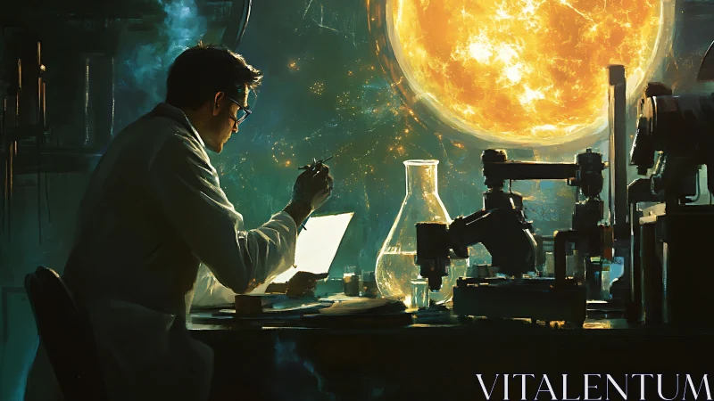 Scientist working in lab before glowing sun-like sphere.