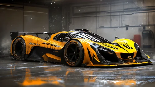 Yellow hypercar rests in dim garage after wet track run