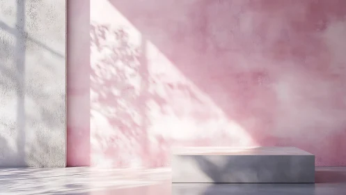 Minimalist pedestal in soft pink daylight interior scene