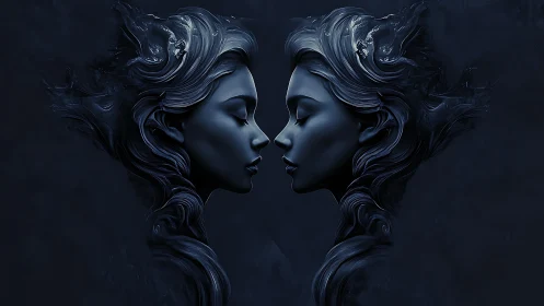Mirrored midnight portraits with sculpted flowing hair.