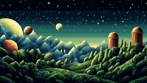 Pixel planets rise over emerald forest observatories.