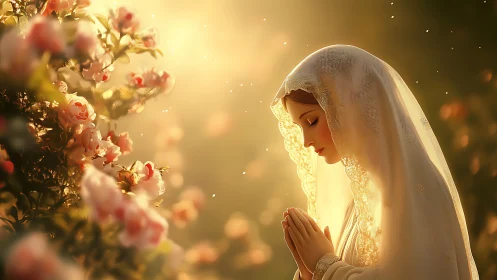 Serene veiled woman in golden rose garden light.