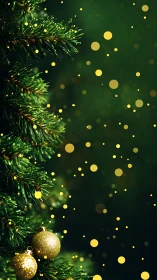 Golden lights drift beside a sparkling green Christmas tree