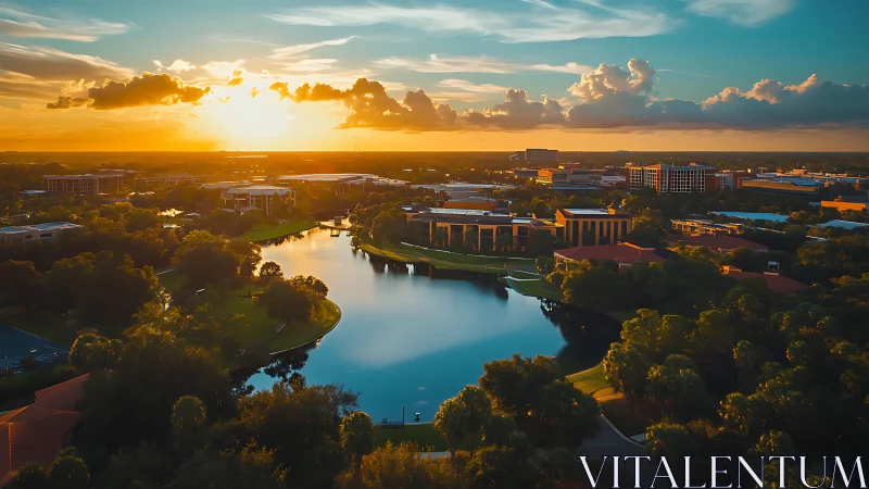 Sunset aerial panorama of modern campus lake and research buildings
