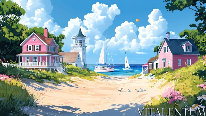 Coastal residential landscape with lighthouse and sailboats