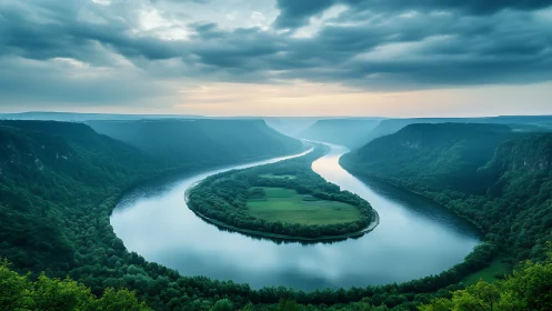 River meander encircles lush valley under storm clouds.