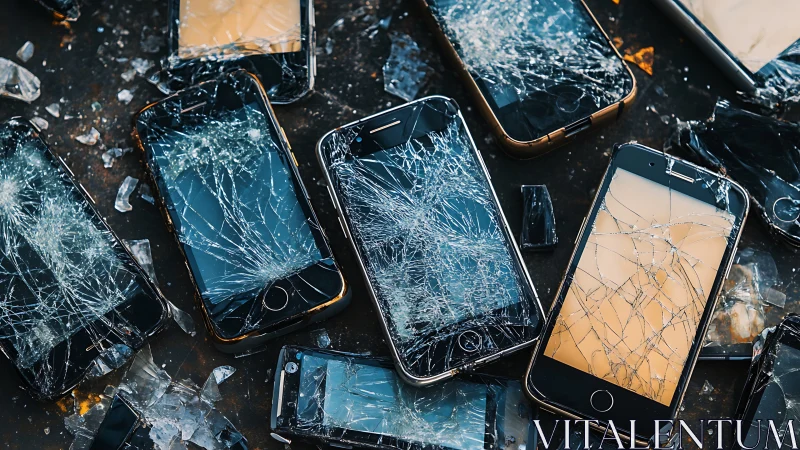 Shattered smartphones scatter across dark reflective surface.
