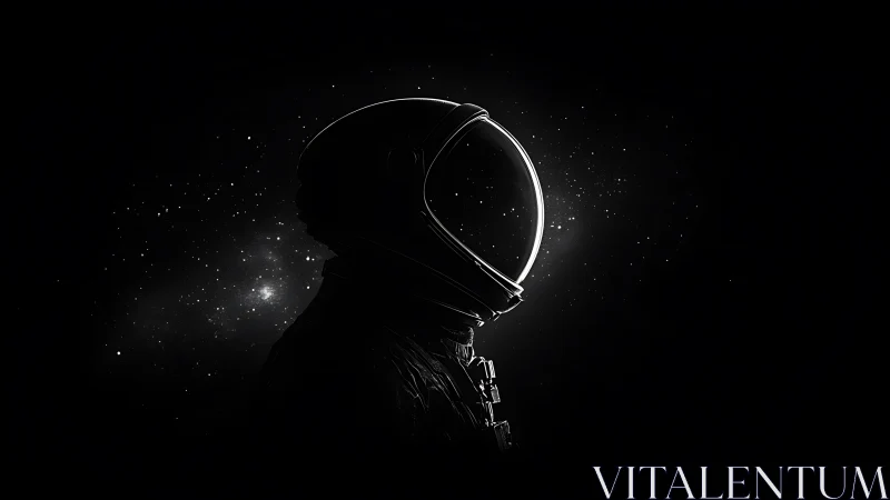 Silhouetted astronaut helmet profile in deep space field.