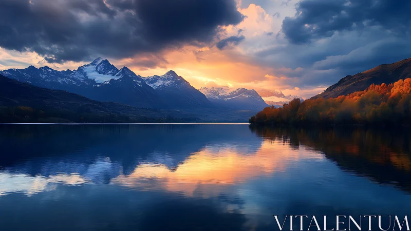 Alpine lake reflectance under stratified sunset cloud dynamics.