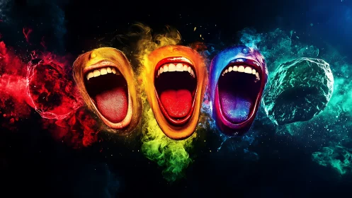 Four stylized screaming mouths emerge from colored smoke