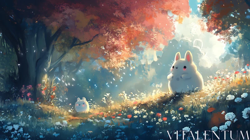 Soft rabbits in sunlit fantasy meadow with glowing flowers.