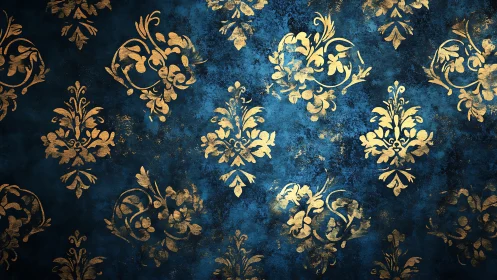 Baroque gold damask pattern glows over distressed blue ground