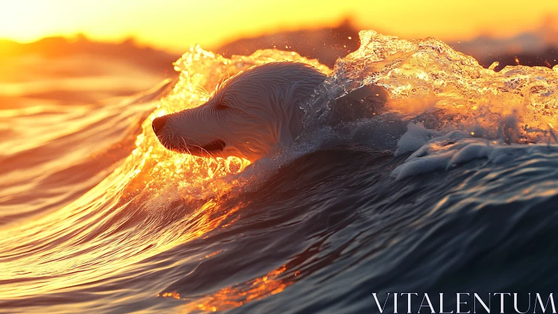 Dog profile emerging in sunlit ocean surf at sunset.