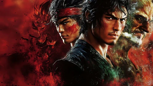 Warrior trio emerges from fiery red chaos of battle.