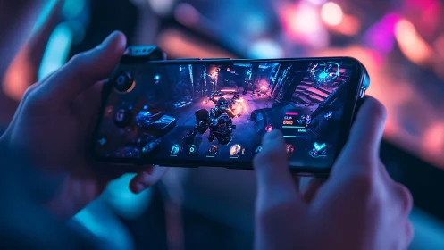 Mobile gamer holding smartphone with sci fi action game.
