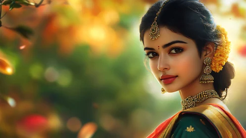 Photorealistic Indian portrait with festive jewelry bokeh glow