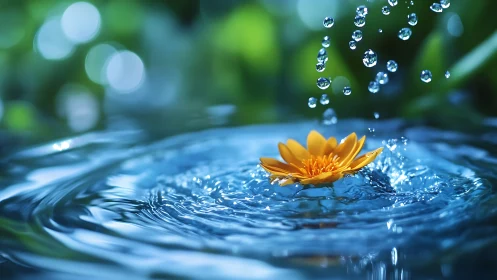 Golden flower drifts in rippling blue water under droplets.