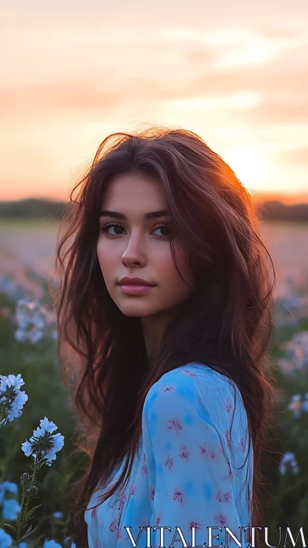 Backlit portrait in floral field under diffuse sunset sky.