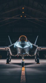 Sleek stealth jet poised in a softly lit night hangar.