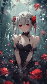 Silver haired anime girl in dark water with red flowers.
