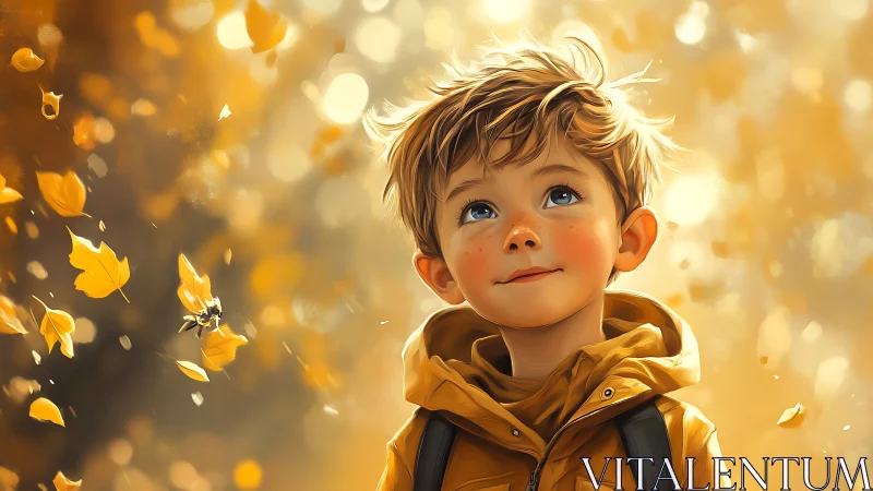 Young boy in golden autumn with falling leaves
