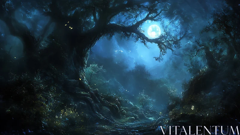 Luminous moonlit forest corridor under dense ancient canopies.